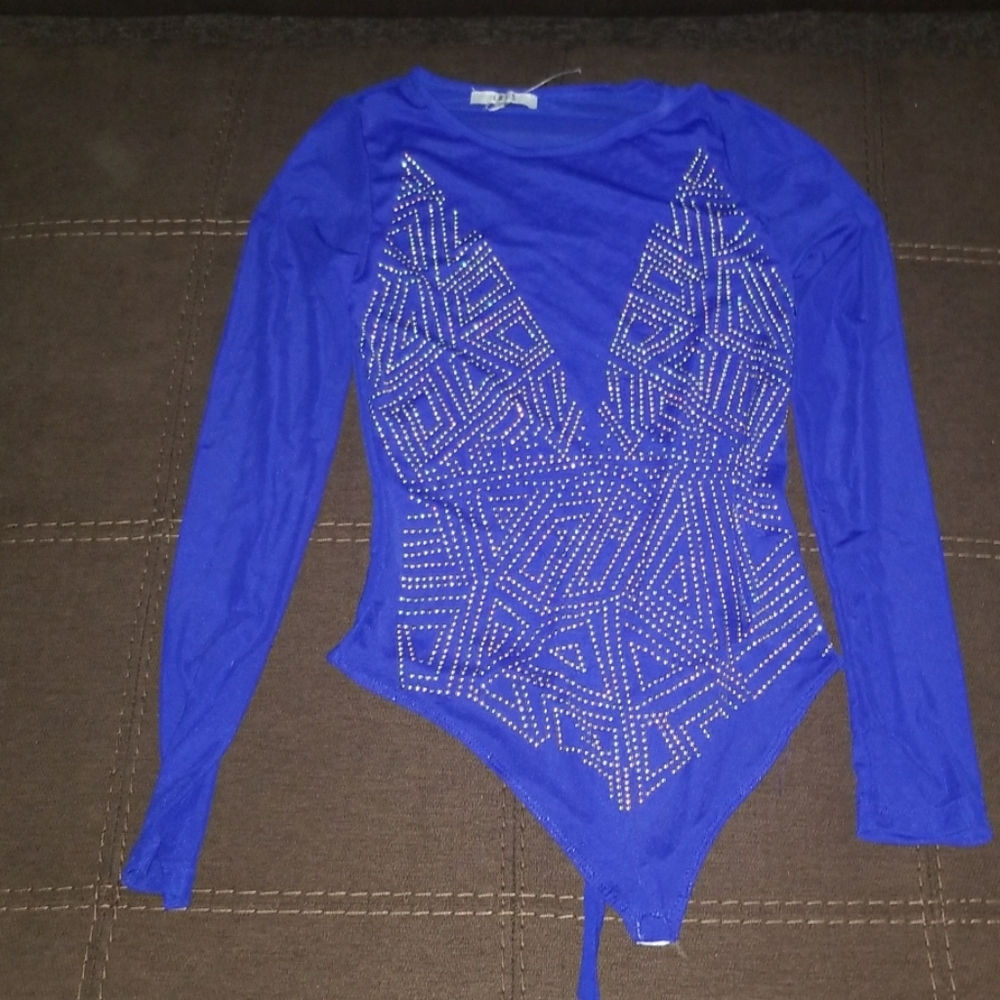 Blinged out blue bodysuit shirt